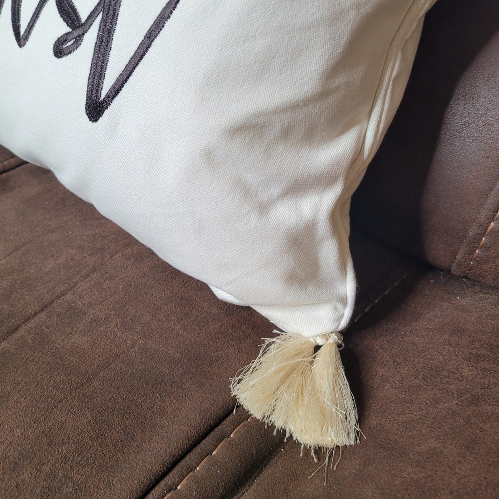 Lumbar Accent Pillow White Be Our Guest Embroidered Tassel Trim - Picture 4 of 8